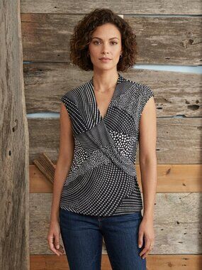 JONES Studio Size Med Dark Navy/White Polka Dot Sleeveless Blouse